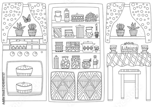 cozy kitchen interior for your coloring page