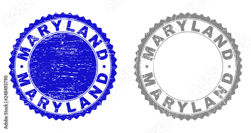 Grunge MARYLAND stamp seals isolated on a white background. Rosette seals with grunge texture in blue and gray colors. Vector rubber stamp imitation of MARYLAND text inside round rosette.