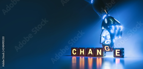 cyborg robot hand changes text cube from change to chance - ai concept - 3d rendering