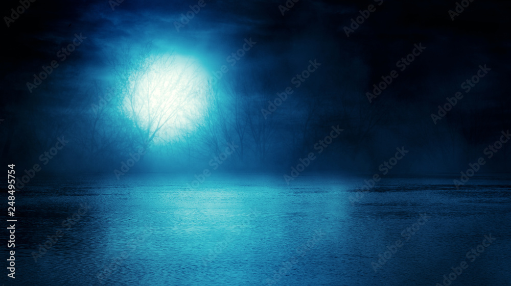 Background scene of empty street. Night view of the river, night sky with clouds, silhouettes of trees, light reflected on water. Smoke fog Background scene of empty street. Night view of the river, night sky with clouds, silhouettes of trees, light reflected on water. Smoke fog