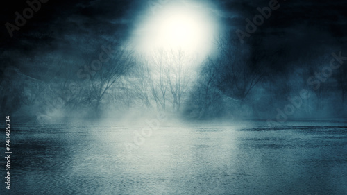 Background scene of empty street. Night view of the river, night sky with clouds, silhouettes of trees, light reflected on water. Smoke fog