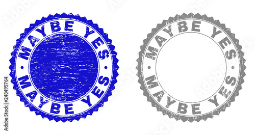 Grunge MAYBE YES stamp seals isolated on a white background. Rosette seals with grunge texture in blue and grey colors. Vector rubber stamp imitation of MAYBE YES label inside round rosette.