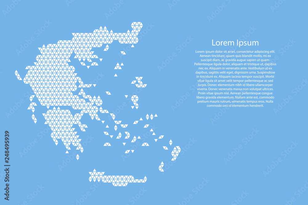 Greece map abstract schematic from white  triangles repeating pattern geometric on light blue background with nodes for banner, poster, greeting card. Vector illustration.