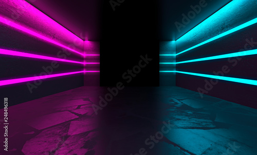 The background of an empty room with concrete walls and floor tiles. Pink and blue neon light  smoke. Spotlight