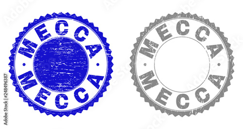 Grunge MECCA stamp seals isolated on a white background. Rosette seals with grunge texture in blue and gray colors. Vector rubber stamp imitation of MECCA label inside round rosette.