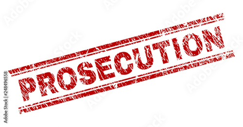 PROSECUTION seal print with corroded texture. Red vector rubber print of PROSECUTION tag with dirty texture. Text label is placed between double parallel lines.