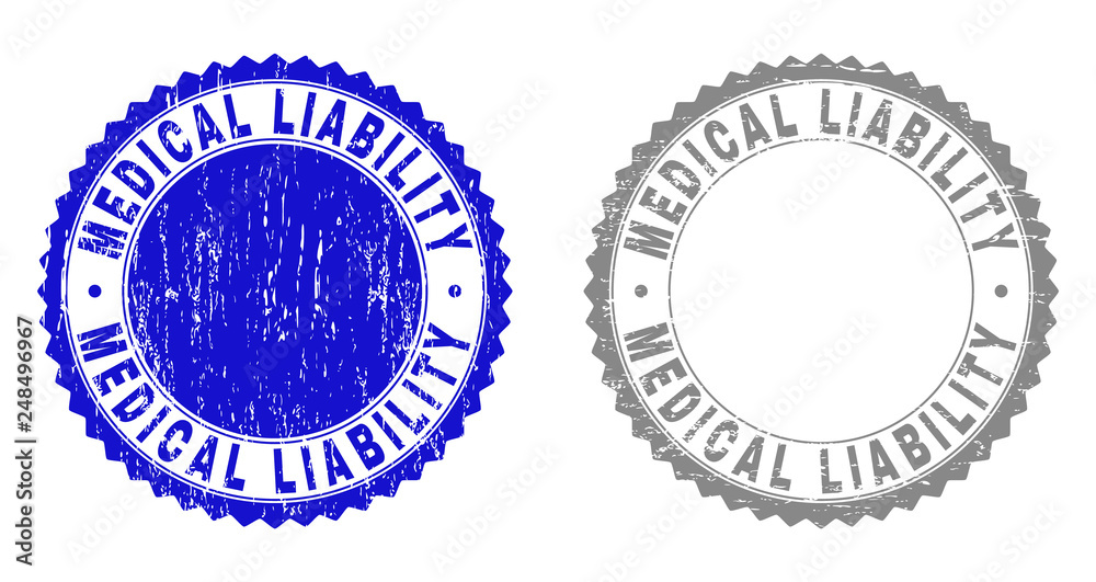 Grunge MEDICAL LIABILITY stamp seals isolated on a white background. Rosette seals with grunge texture in blue and gray colors.