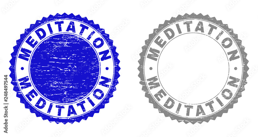 Grunge MEDITATION stamp seals isolated on a white background. Rosette seals with grunge texture in blue and grey colors. Vector rubber overlay of MEDITATION text inside round rosette.