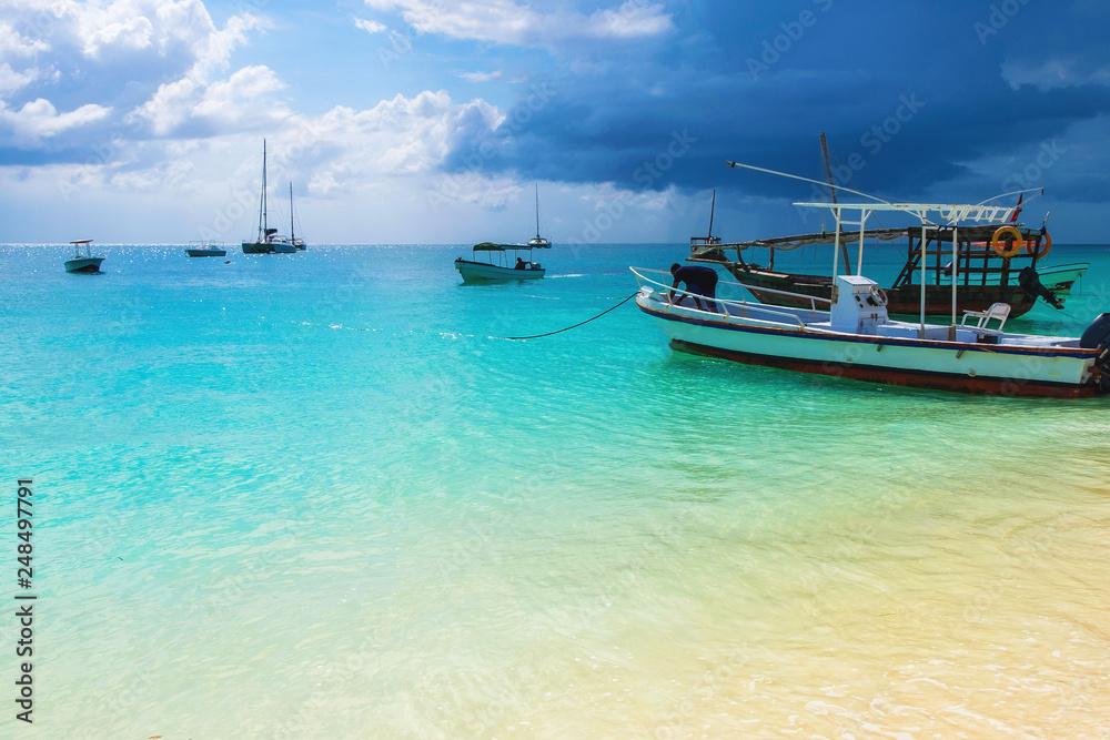 Naklejka premium Boat in ocean Zanzibar island