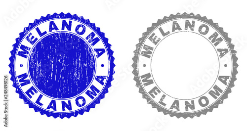 Grunge MELANOMA stamp seals isolated on a white background. Rosette seals with grunge texture in blue and gray colors. Vector rubber overlay of MELANOMA title inside round rosette.