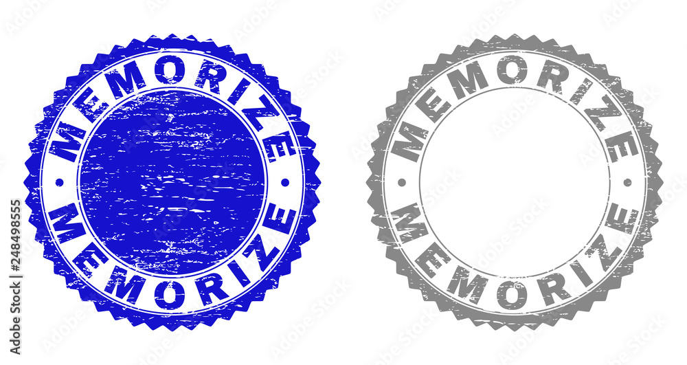 Grunge MEMORIZE stamp seals isolated on a white background. Rosette seals with grunge texture in blue and gray colors. Vector rubber stamp imprint of MEMORIZE caption inside round rosette.