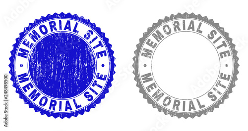 Grunge MEMORIAL SITE stamp seals isolated on a white background. Rosette seals with grunge texture in blue and grey colors. Vector rubber stamp imitation of MEMORIAL SITE tag inside round rosette.