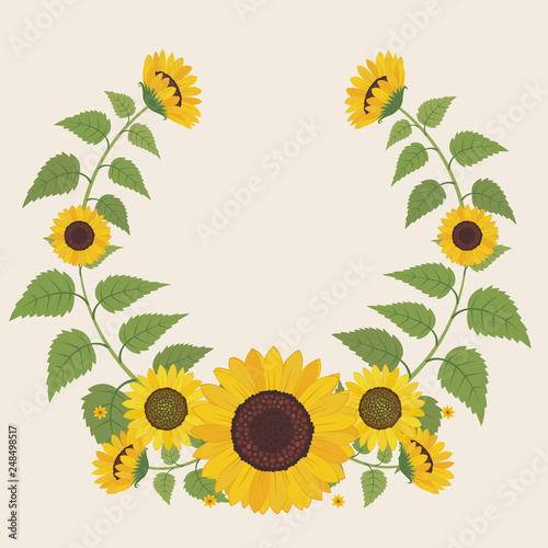 Floral greeting card and invitation template for wedding or birthday anniversary, Vector circle shape of text box label and frame, Yellow sunflower wreath ivy style with branch and leaves.