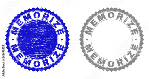 Grunge MEMORIZE stamp seals isolated on a white background. Rosette seals with grunge texture in blue and gray colors. Vector rubber stamp imprint of MEMORIZE caption inside round rosette.