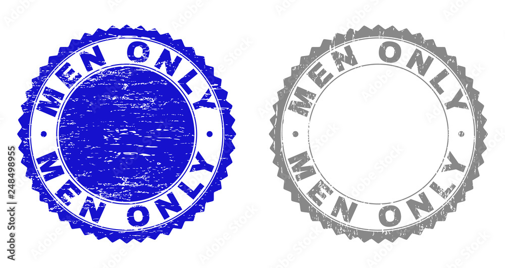 Grunge MEN ONLY stamp seals isolated on a white background. Rosette seals with grunge texture in blue and gray colors. Vector rubber stamp imitation of MEN ONLY caption inside round rosette. Grunge MEN ONLY stamp seals isolated on a white background. Rosette seals with grunge texture in blue and gray colors. Vector rubber stamp imitation of MEN ONLY caption inside round rosette.