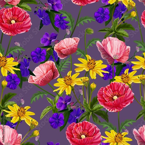 Poppy flower seamless pattern-vector