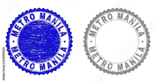 Grunge METRO MANILA stamp seals isolated on a white background. Rosette seals with grunge texture in blue and gray colors. Vector rubber stamp imitation of METRO MANILA tag inside round rosette.