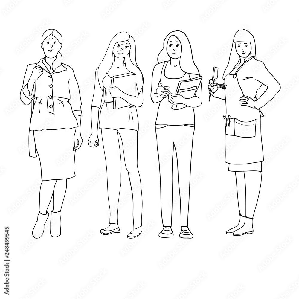 A set of drawings in the vector, illustrations are black and white, linear, female profession, female figure