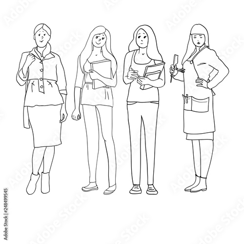 A set of drawings in the vector, illustrations are black and white, linear, female profession, female figure