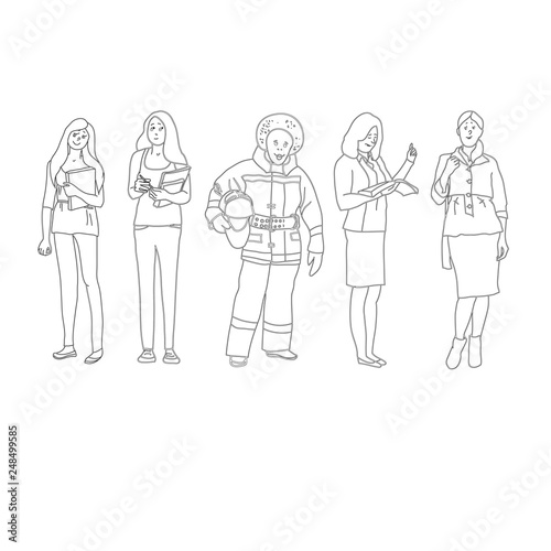 A set of drawings in the vector, illustrations are black and white, linear, female profession, female figure