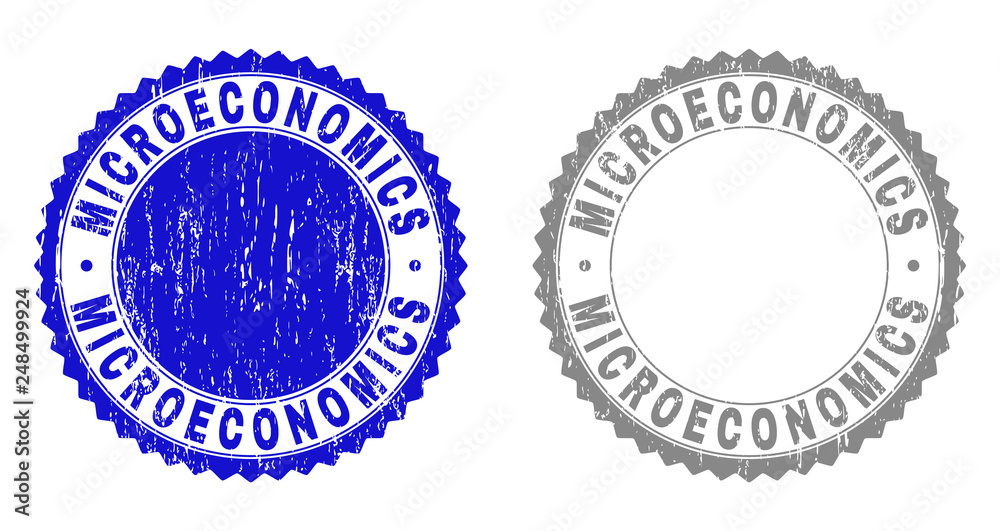 Grunge MICROECONOMICS stamps isolated on a white background. Rosette seals with grunge texture in blue and grey colors. Vector rubber stamp imitation of MICROECONOMICS label inside round rosette.