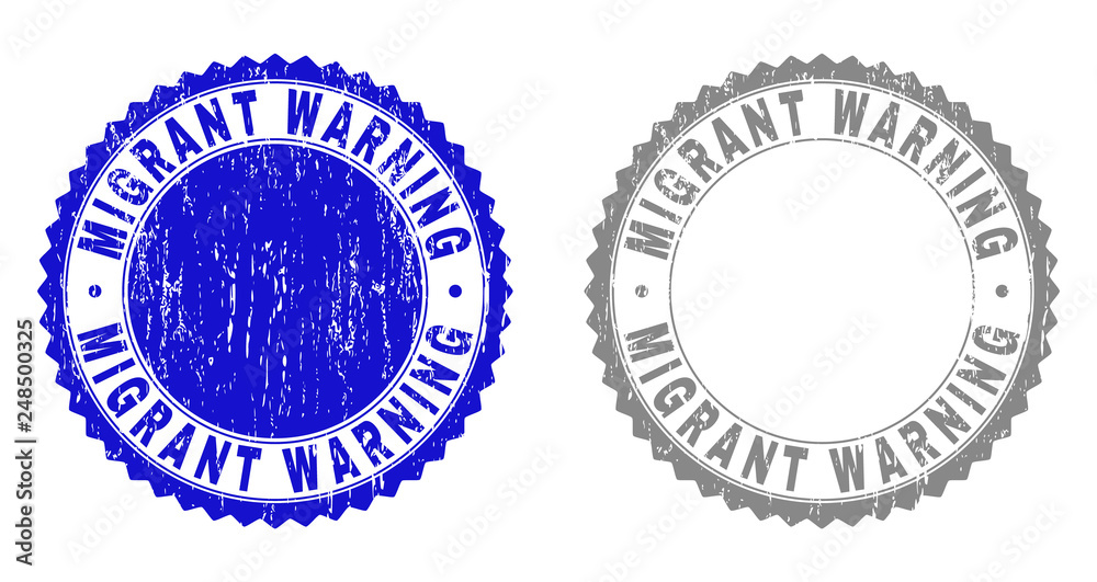 Grunge MIGRANT WARNING stamp seals isolated on a white background. Rosette seals with grunge texture in blue and grey colors. Grunge MIGRANT WARNING stamp seals isolated on a white background. Rosette seals with grunge texture in blue and grey colors.