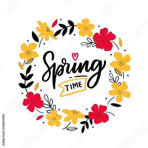 Hand drawn lettering spring time for print, card, banner. Typography hello spring with flowers.
