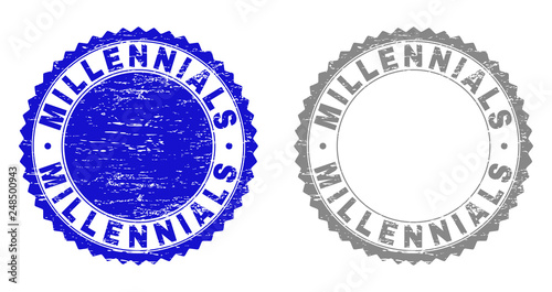 Grunge MILLENNIALS stamp seals isolated on a white background. Rosette seals with grunge texture in blue and gray colors. Vector rubber overlay of MILLENNIALS tag inside round rosette.