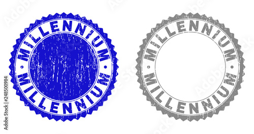 Grunge MILLENNIUM stamp seals isolated on a white background. Rosette seals with grunge texture in blue and grey colors. Vector rubber stamp imitation of MILLENNIUM title inside round rosette.