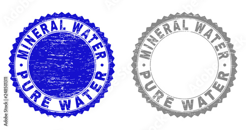 Grunge MINERAL WATER PURE WATER stamp seals isolated on a white background. Rosette seals with grunge texture in blue and gray colors.