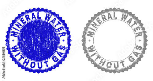 Grunge MINERAL WATER WITHOUT GAS stamp seals isolated on a white background. Rosette seals with grunge texture in blue and grey colors.