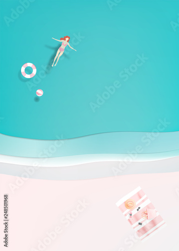 Woman floating in the sea with paper art style and pastel color