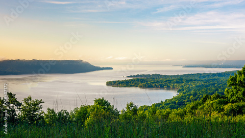 Scenic view at sunrise of the Mississippi River & Lake Pepin from Frontenac State Park in Minnesota