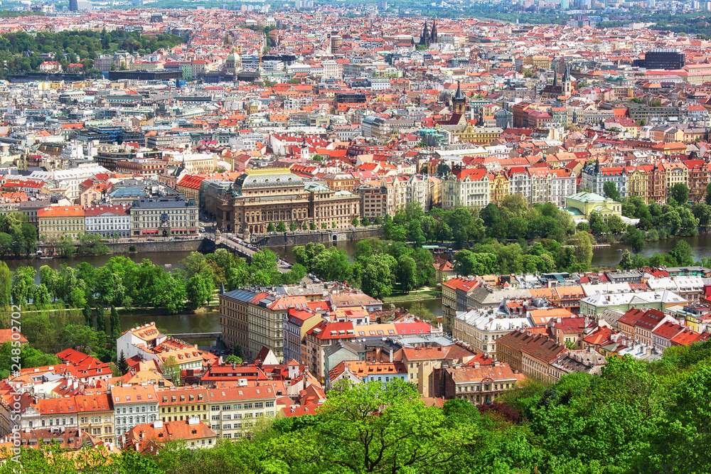 Aerial view to the beautiful historic center of Prague and Vltava river