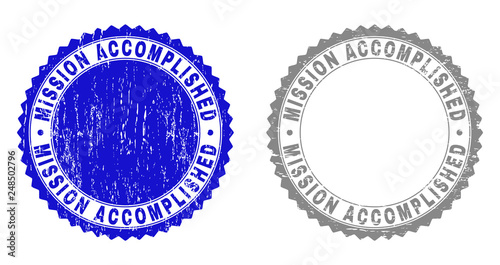 Grunge MISSION ACCOMPLISHED stamp seals isolated on a white background. Rosette seals with grunge texture in blue and grey colors.