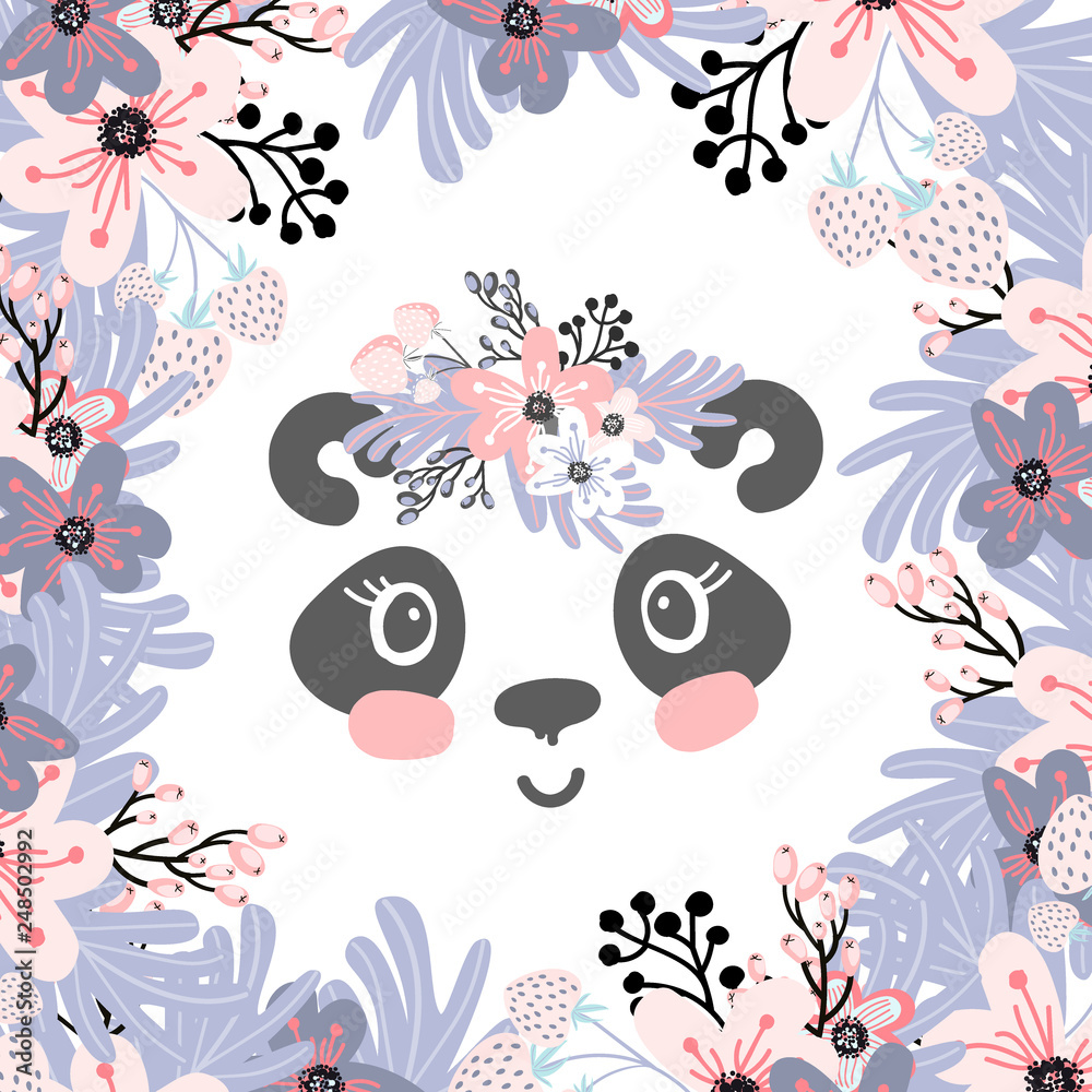 Cute little panda head with flower crown. Vector hand drawn illustration for card and shirt design.