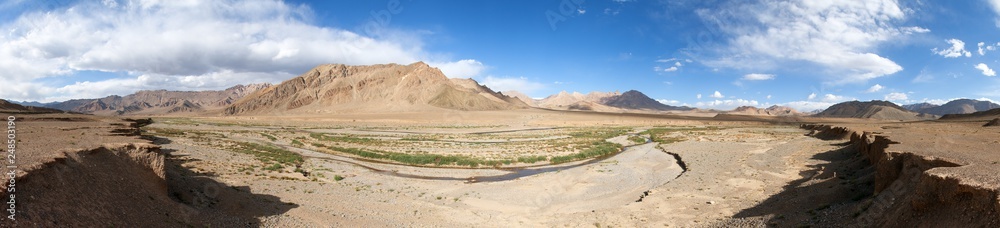 Pamir mountains in Tajikistan, river valley, panorama