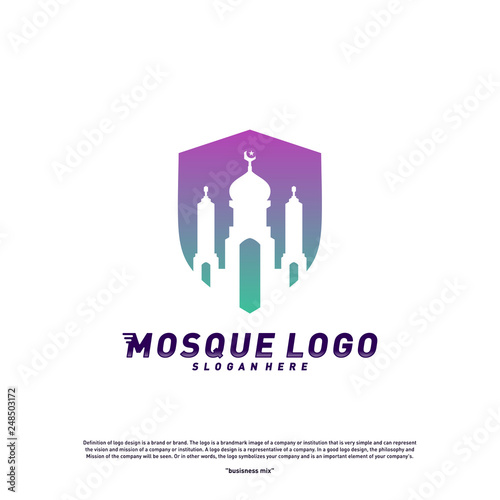 Mosque with Shield logo design concept.Religion Islamic logo template vector. Icon symbol © Top Studio
