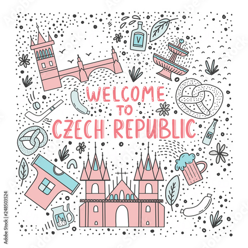 Set of vector illustration of Czech republic. Travel illustration with Czech landmarks.