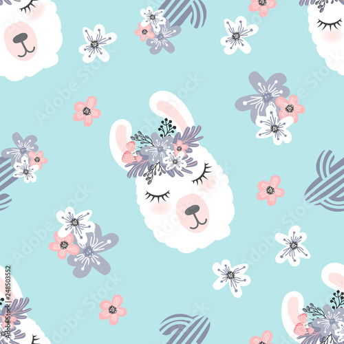 Cute  little white lama head with flower crown. Vector hand drawn seamless pattern for card and shirt design, fabric textile.