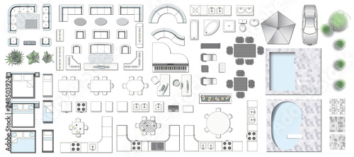 Set top view for interior icon 
design. Elements for living room, 
bedroom, kitchen, bathroom. Floor 
plan. Furniture store. Vector 
Illustration.
