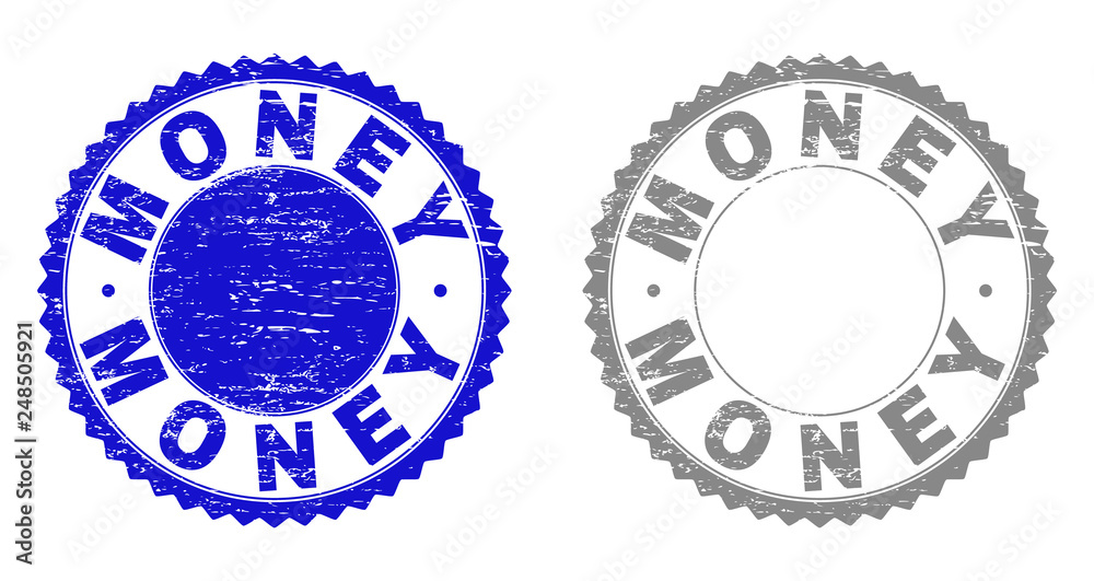 Grunge MONEY stamp seals isolated on a white background. Rosette seals with distress texture in blue and gray colors. Vector rubber watermark of MONEY title inside round rosette. Grunge MONEY stamp seals isolated on a white background. Rosette seals with distress texture in blue and gray colors. Vector rubber watermark of MONEY title inside round rosette.
