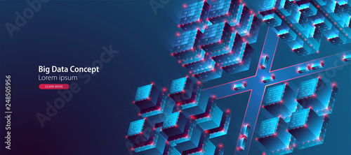 Isometric big data concept, database. Abstract technology background. Vector illustration