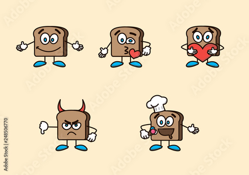 Cute characters in the form of bread pieces express five emotions. Excellent for bakery print production.