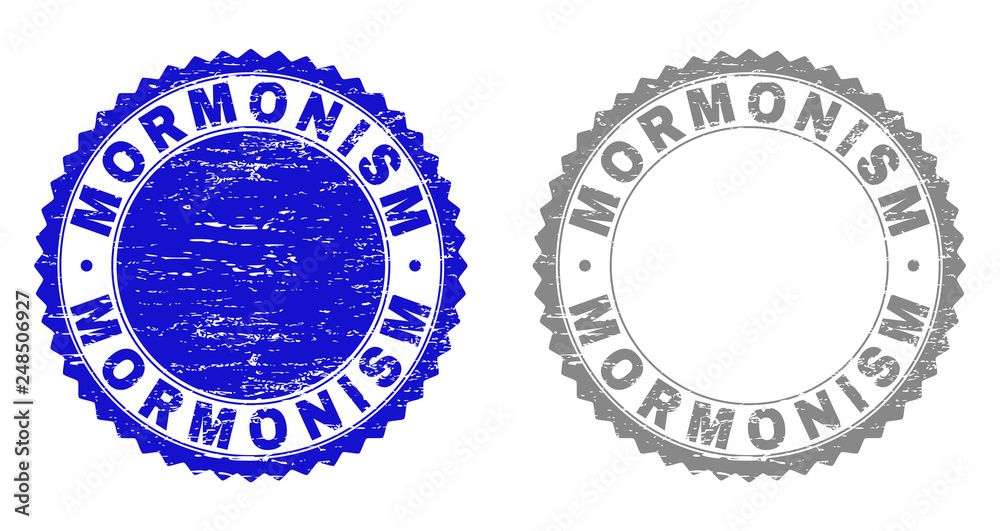 Obraz premium Grunge MORMONISM stamps isolated on a white background. Rosette seals with grunge texture in blue and gray colors. Vector rubber stamp imitation of MORMONISM label inside round rosette.