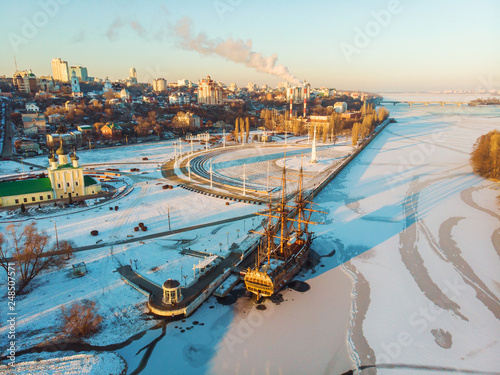 Aerial view of Linear ship Goto Predestination on Admiralty Square at embankment of Voronezh river - popular tourist place in Voronezh city, Russia