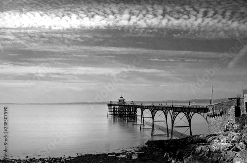 Black White atmospheric evening sunset Clevedon Pier, Bristol, Somerset, seascape with clouds