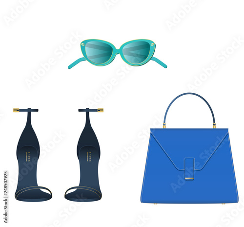 Fashion lady accessories. Sunglasses, sandels, bag, colorful vector fashion set