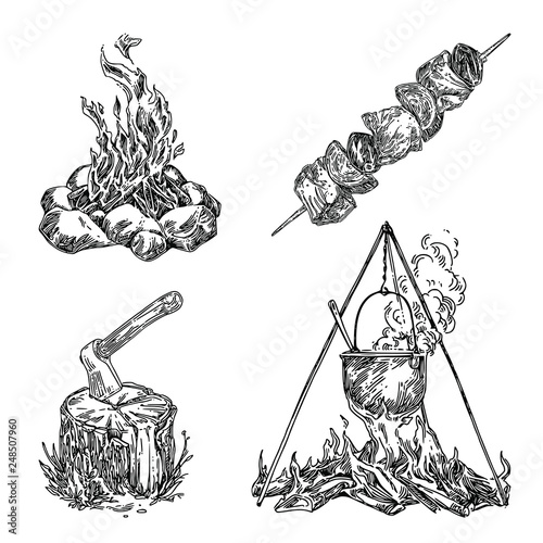Camping set. Campfire, axe, skewer and hot food. Sketch. Engraving style. Vector illustration.