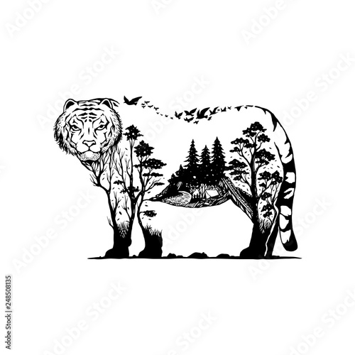 vector illustration of a tiger with forest background
